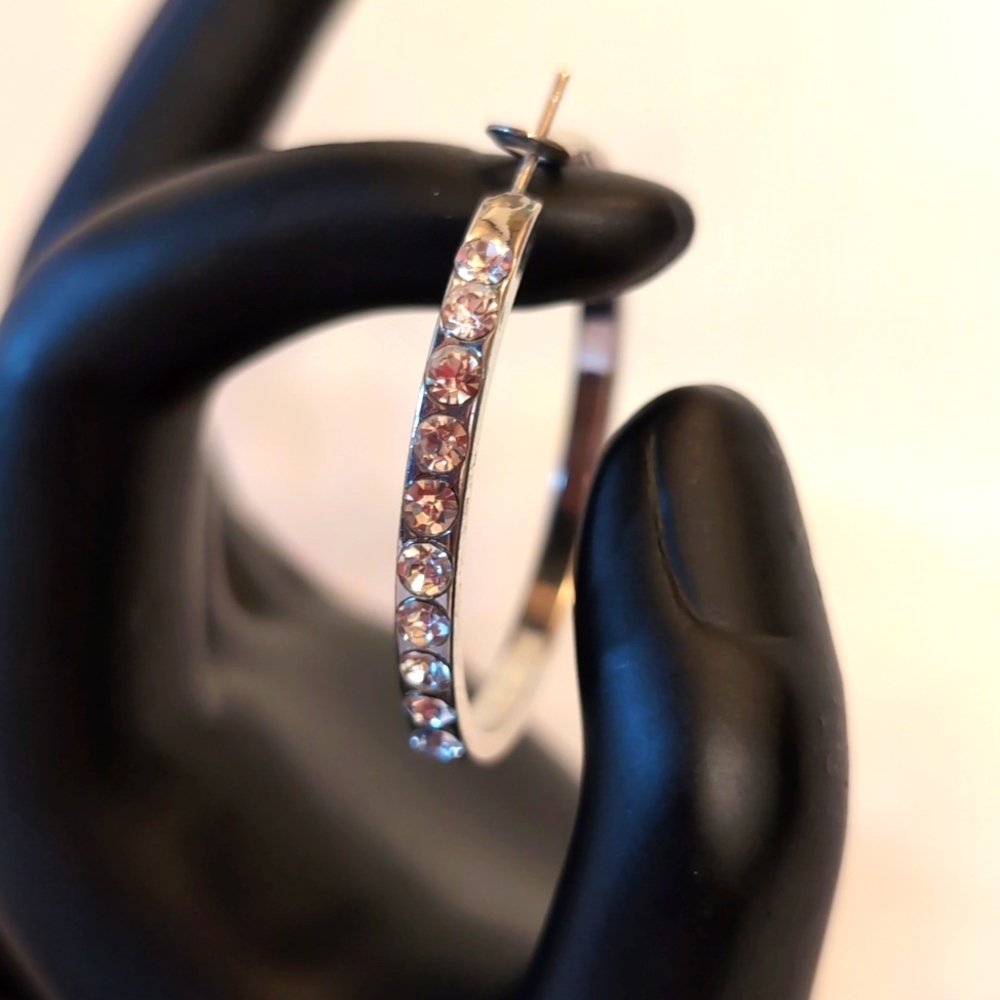 Silver Toned Stone Encrusted hoop Earrings